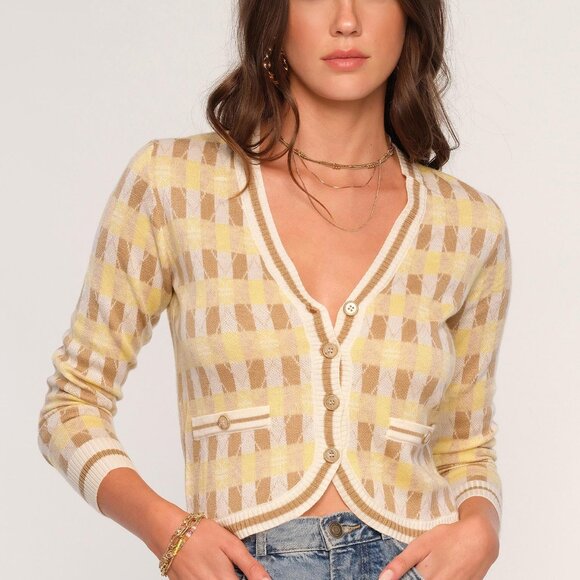 NWT Womens Heartloom Ivory Yellow Light Brown V-Neck Lilah Cardigan Sweater XS - Picture 1 of 10